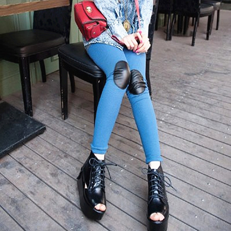 Thread knee faux leather patch patchwork legging ankle length trousers women's