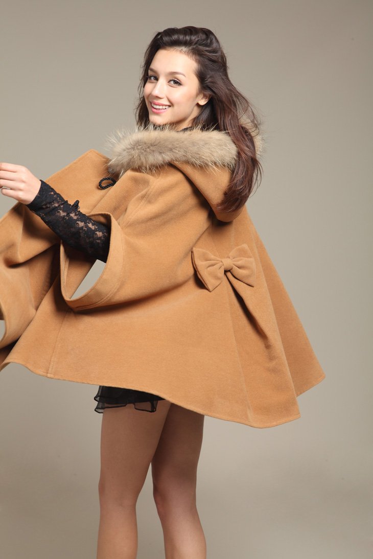 Three Colors 2012 Autumn Winter Women's Wool Fur Collar Hodded Phocho Cape Style Parka Plus Large Bowtie Coat Outwear S-L