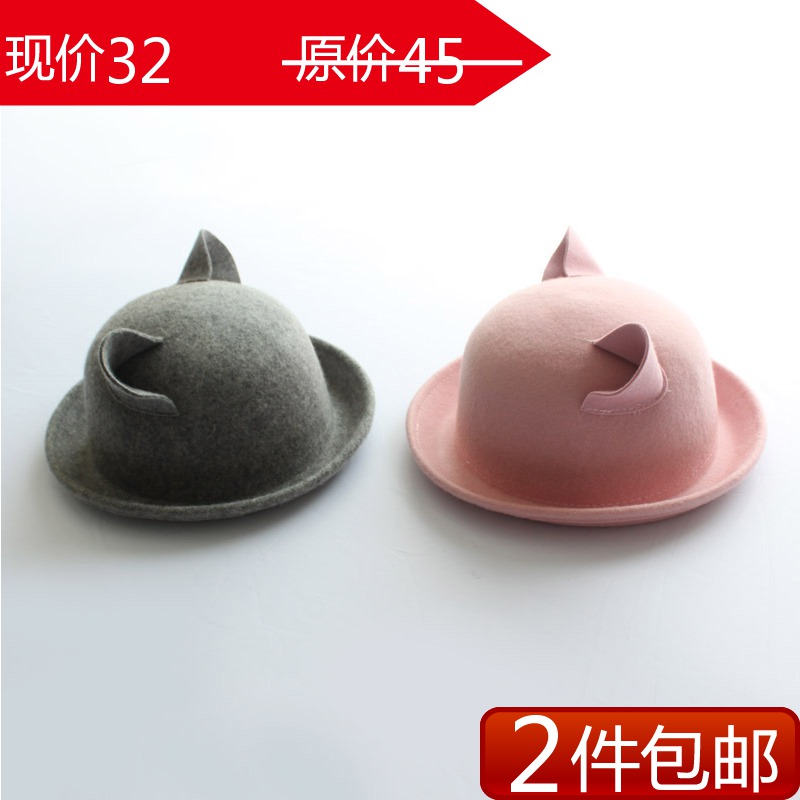 Three-dimensional cat ears pure woolen roll up hem small fresh women's dome cap hat