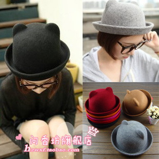 Three-dimensional cat ears pure woolen roll up hem small fresh women's small round small fedoras parent-child cap