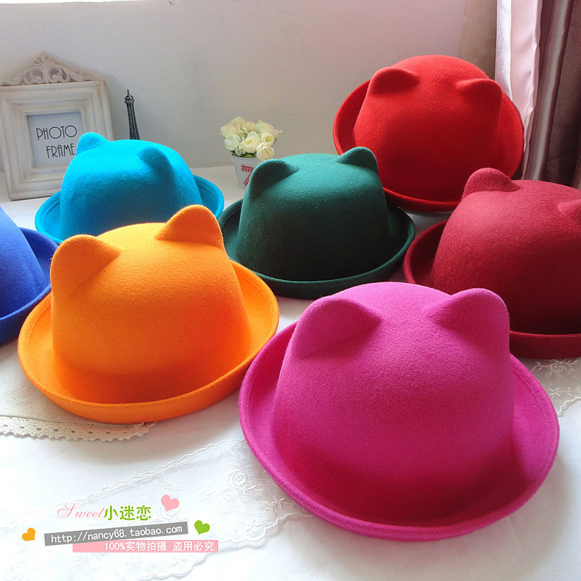 Three-dimensional cat ears pure woolen roll up hem small fresh women's small round small fedoras summer