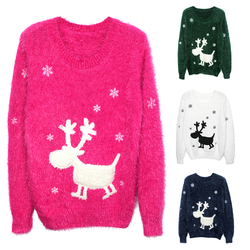 Three-dimensional christmas deer flock printing embroidery pattern shaggier mohair loose o-neck pullover sweater free shipping