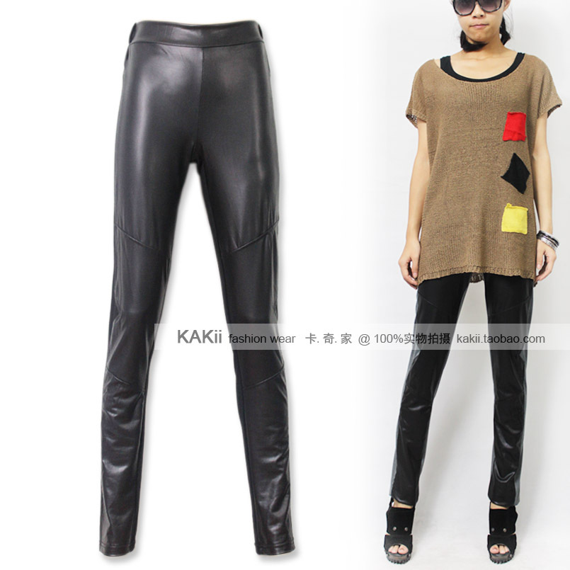 Three-dimensional cut irregular patchwork faux leather elastic legging women's long trousers