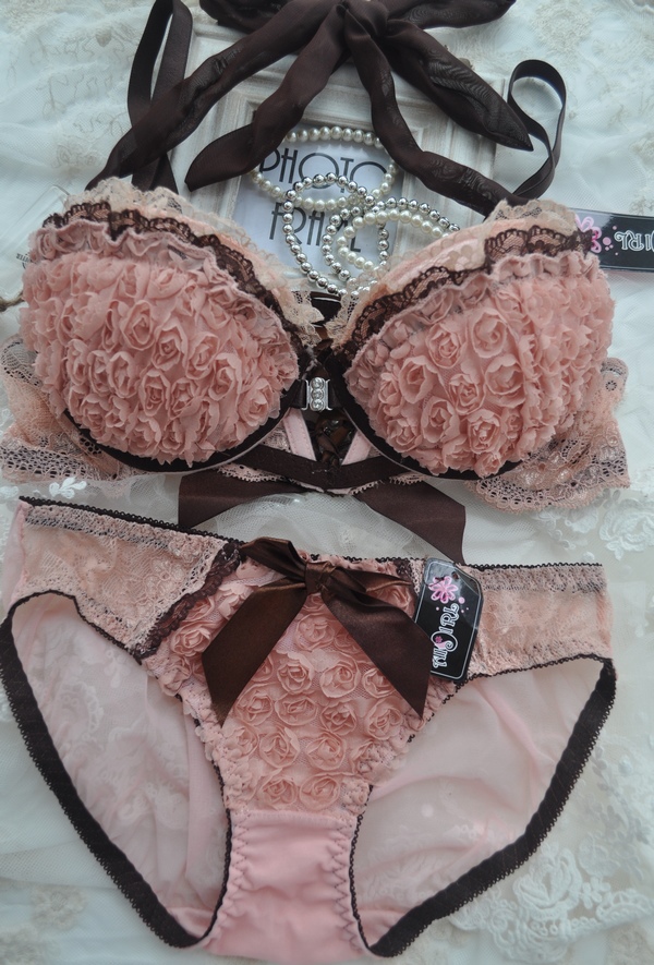 Three-dimensional flower lace front button sexy bra set push up underwear set