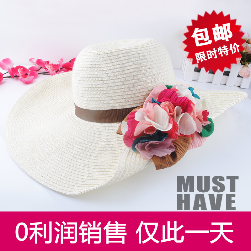 Three-dimensional flowers roll up hem big along the cap sunbonnet beach cap large brim hat straw hat summer female