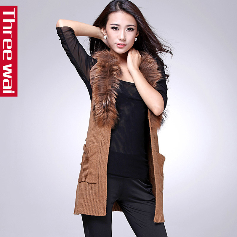 Threewai fashion sweater vest fashion vest slim fur collar outerwear medium-long cardigan