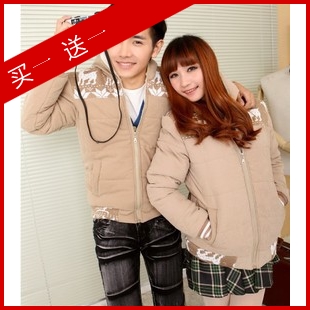 Tidal current male women's winter little deer patchwork pattern with a hood outerwear lovers wadded jacket thickening thermal