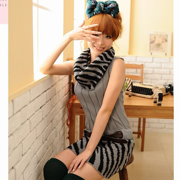 Tiger stripe knitted sweater dress cape top long design slim waist women's