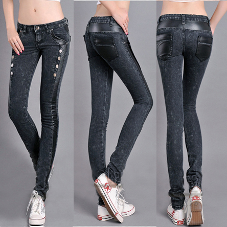 Tight bag elastic black skinny pants PU denim trousers boot cut jeans