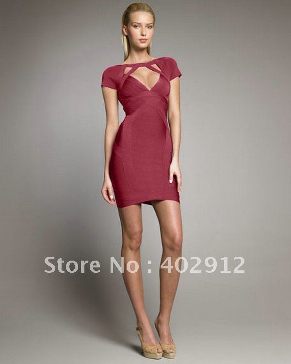 Tight fitting Bandage Dress D011 Wine Color  Heart Shape Neck Short Sleeve Evening Party Dress Celebrities Prom Cocktail Dress