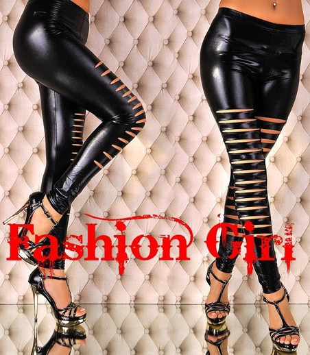 Tight package hip  Both sides Leiya light Imitation leather The hole Beggar Leggings Pantyhose Hip black pants