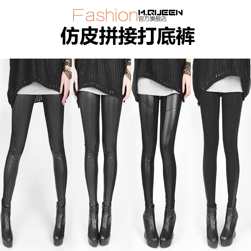 tights women spring hot-selling fashion faux leather patchwork spring elastic legging plus size available