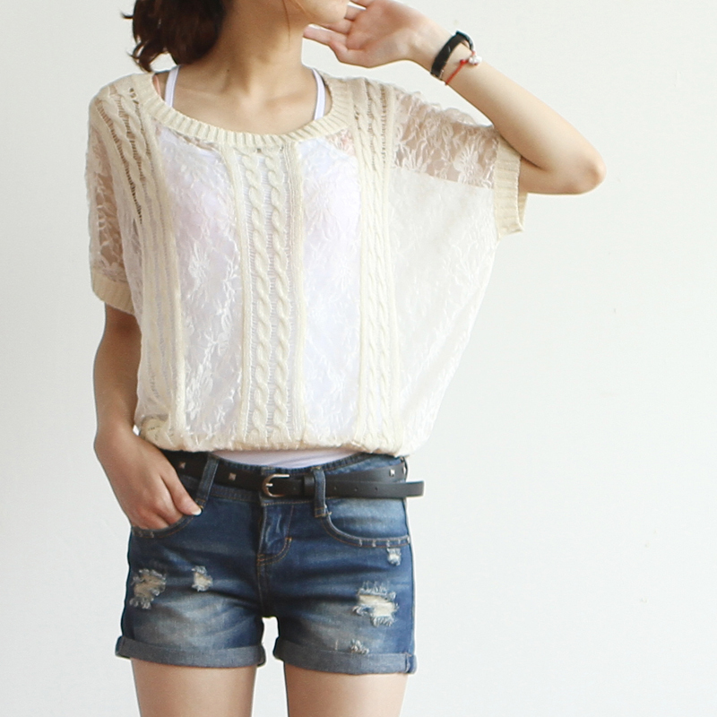 Titanium 7859 - 0.11 2012 autumn sweet twisted gauze patchwork short-sleeve sweater female
