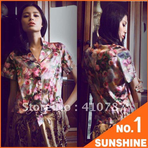 Titian- Flora/Blouse/shirt/Active silk/avant-garde/mulberry silk/short sleeve/printing/women/real silk/Free Shipping/ VOAA09