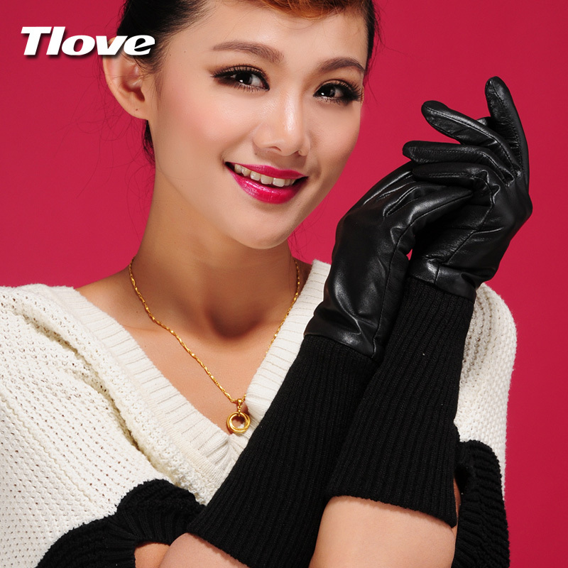 Tlove genuine leather gloves female winter thermal sheepskin gloves women's yarn long gloves arm sleeve black