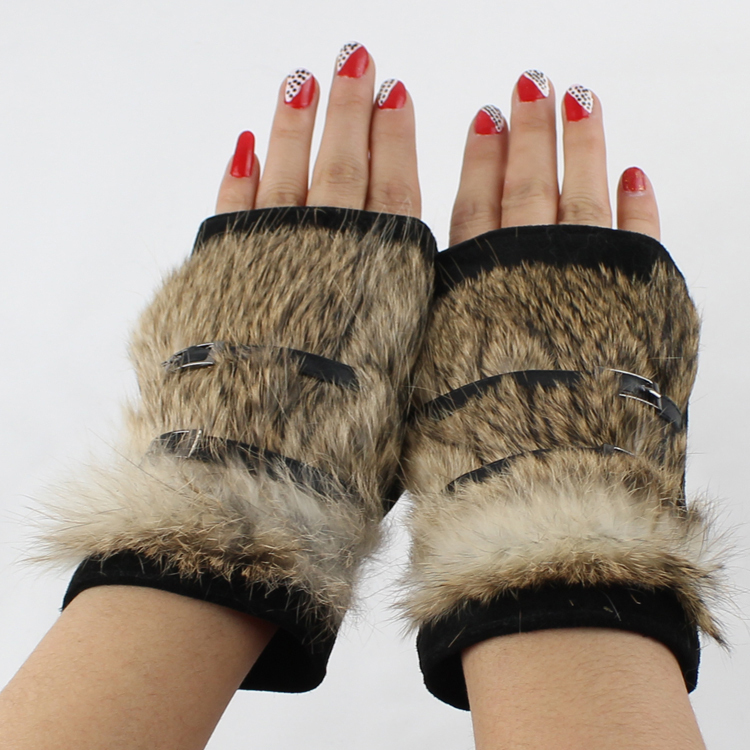 Tlove genuine leather suede semi-finger rabbit fur thickening thermal women's gloves
