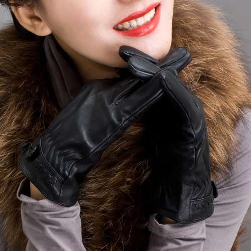 Tlove leather gloves women's winter fashion sheepskin genuine leather gloves bow