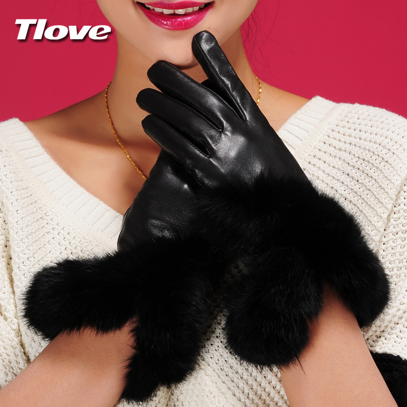 Tlove rabbit fur lengthen sheepskin genuine leather gloves women's winter thermal women's thickening arm sleeve