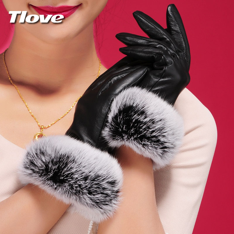 Tlove sheepskin gloves female winter fashion thickening thermal women's rabbit fur genuine leather