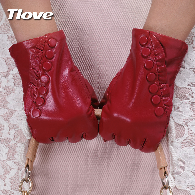 Tlove thermal leather gloves women's winter fashion sheepskin genuine leather ruffle plus velvet red