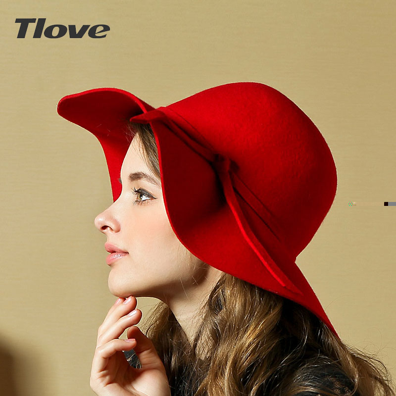 Tlove vintage woolen cap bow fedoras fashion large brim hat woolen cap women's
