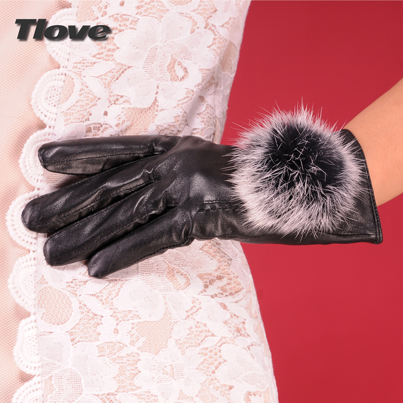 Tlove women's autumn and winter thermal thickening rabbit fur women's genuine leather gloves sheepskin short design