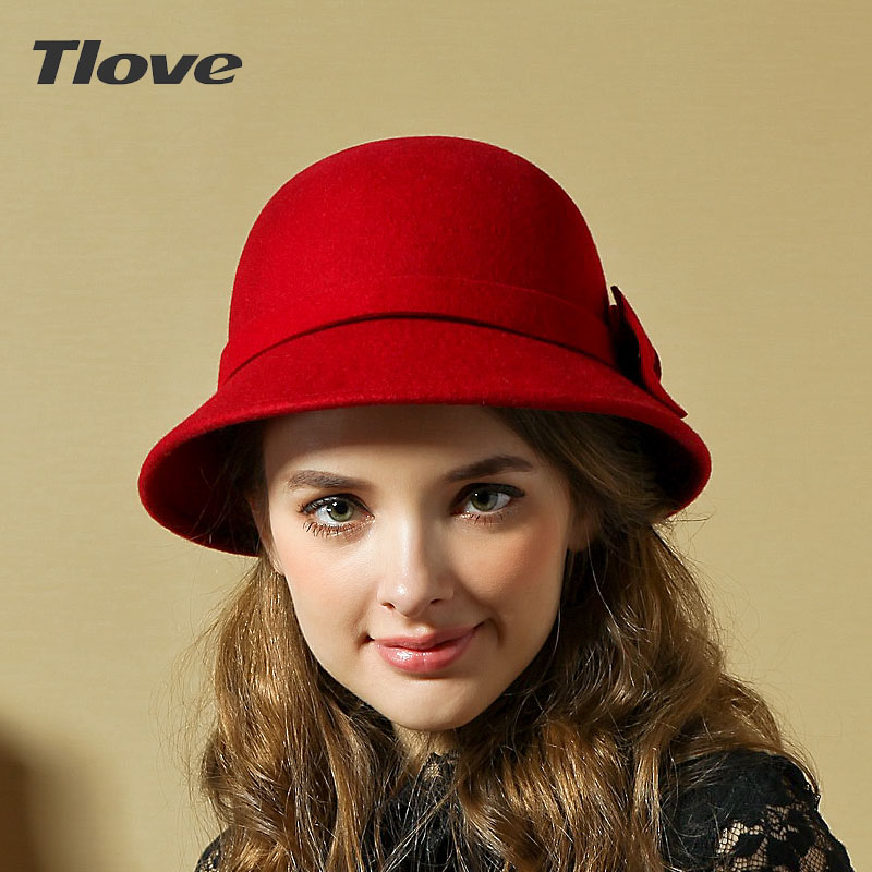 Tlove women's bow bucket hat large-brimmed hat spring and autumn woolen female wool beret hat female fashion