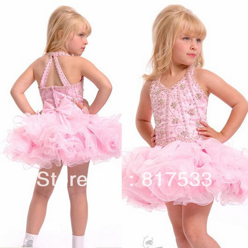 toddler birthday party dresses children frocks designs girl puffy skirt pageant tiered organza mini halter pink short diamond