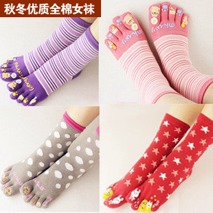 Toe socks five-toe socks color stripe 100% cotton knee knee-high cartoon female socks 100% cotton