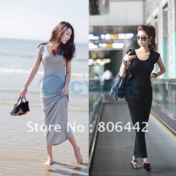 Top 2012 Women Cotton  Blends Korean Leisure Dynamic Lace up Back Slim Long Dress 2 Colors New