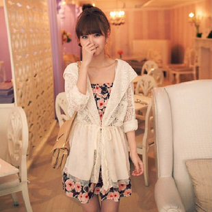 Top Blouse Shirt With a hood strap lace chiffon gauze cape long-sleeve trench type sun protection clothing chiffon  A5