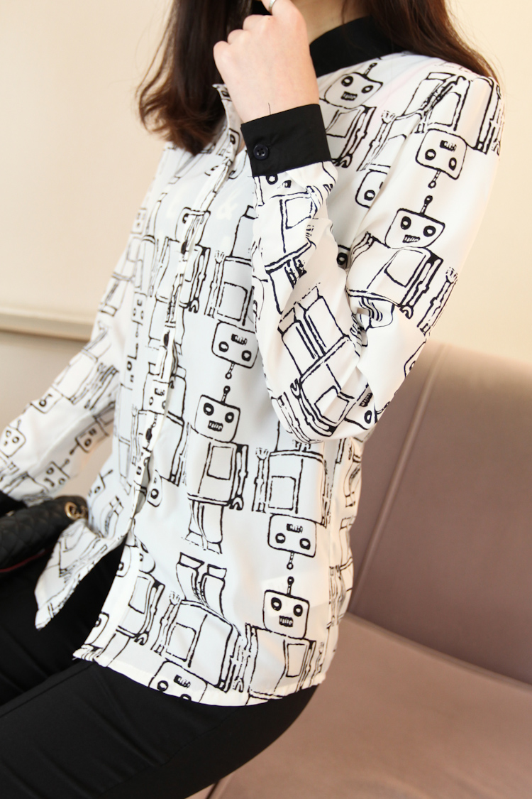 Top Blouses     new arrival female vintage robot small stand collar shirt loose chiffon shirt SY299