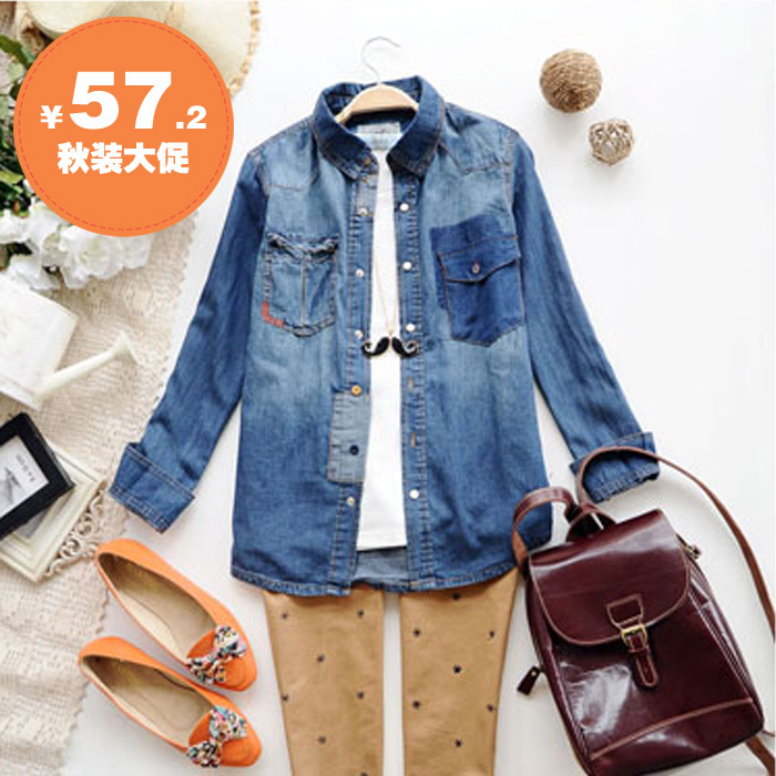 Top Blouses S4046  autumn fashion classic vintage wash water long-sleeve irregular denim shirt female SY299