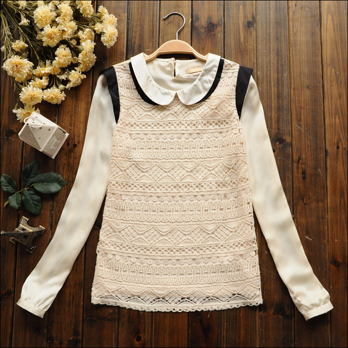 Top Blouses S5581   sweet peter pan collar pullover lace patchwork chiffon shirt female SY299
