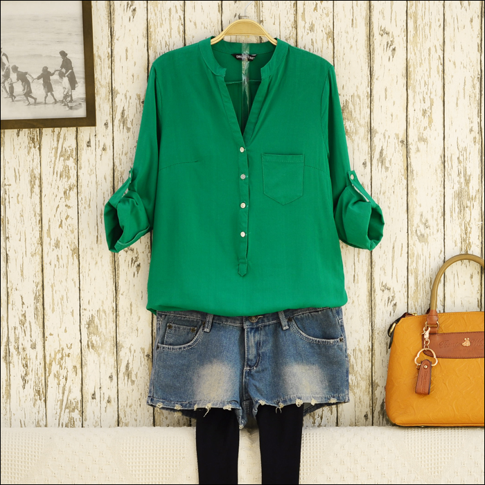 Top Blouses S5589  solid color  V-neck pocket loose chiffon ol long-sleeve shirt female SY299