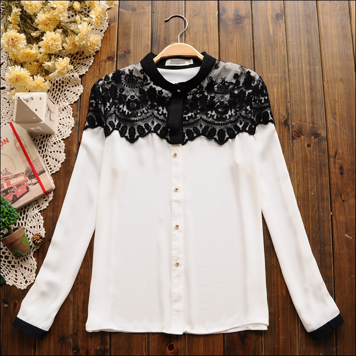 Top Blouses S5655   vintage royal lace patchwork long-sleeve chiffon shirt female SY299