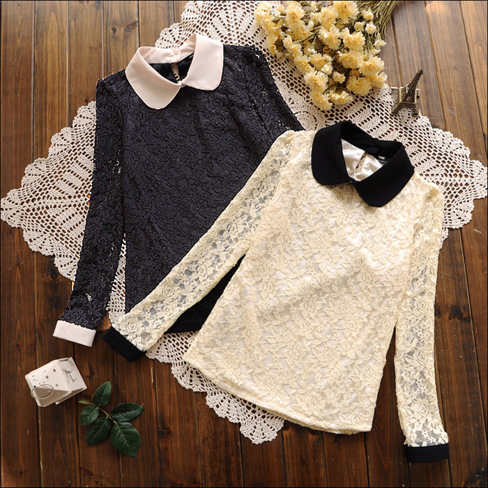 Top Blouses S5702   sweet slim peter pan collar long-sleeve basic lace shirt female SY299