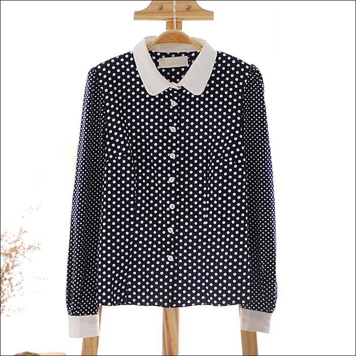 Top Blouses S5708   slim peter pan collar puff sleeve long-sleeve polka dot shirt female SY299