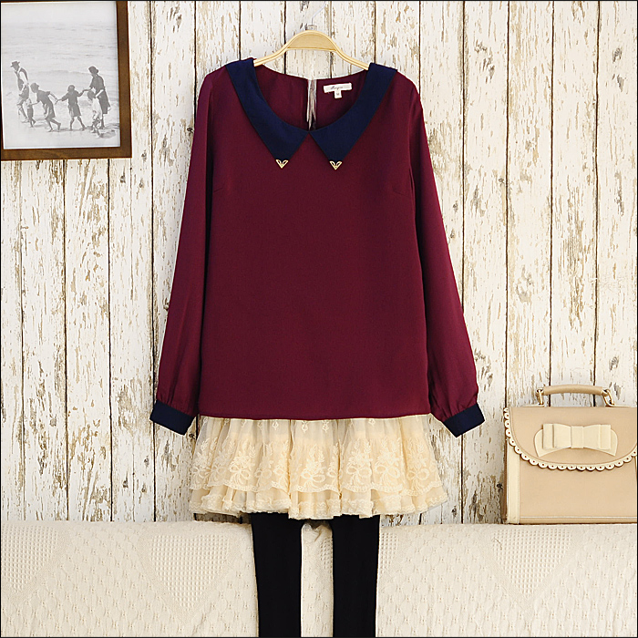 Top Blouses S5740   colorant match peter pan collar slim long-sleeve chiffon shirt female SY299