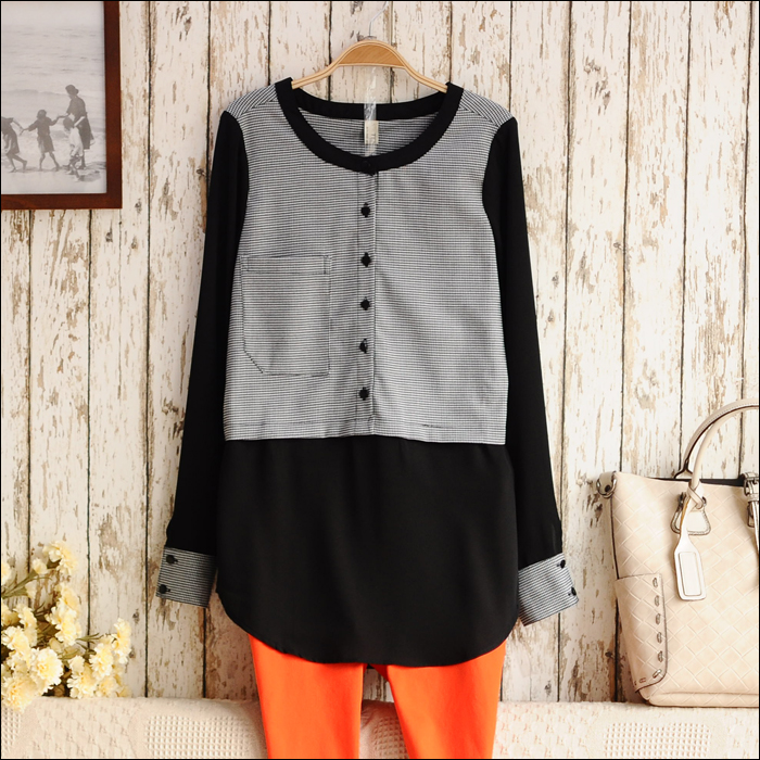 Top Blouses S5783   long-sleeve medium-long houndstooth patchwork o-neck chiffon shirt female SY299