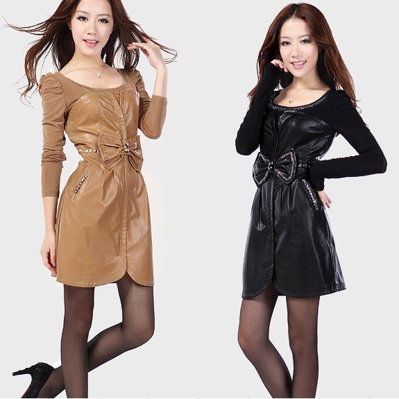 Top fashion women's autumn spring bowknot PU skirt water washed long sleeve plus size leather one piece dress 5015 two colors
