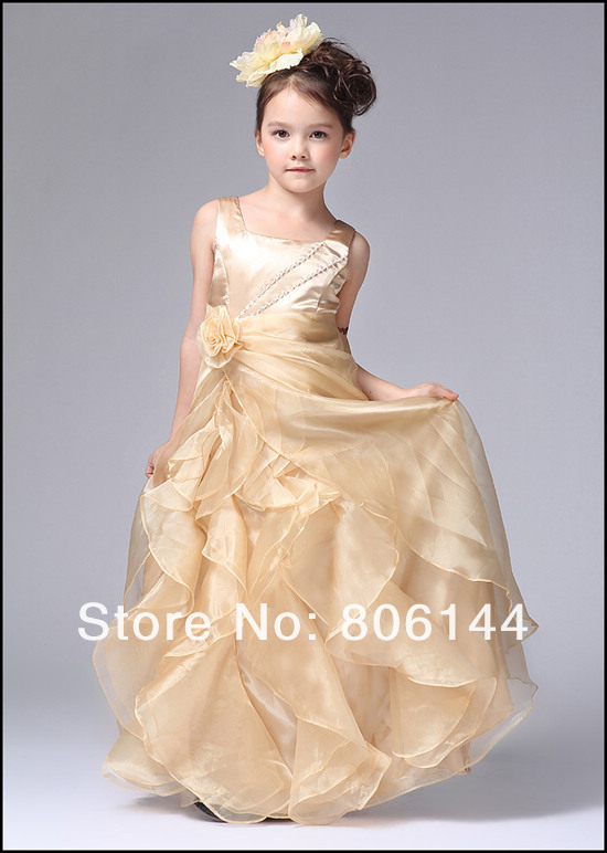 Top Grade Children Girl Luxury Champagne Golden Sleeveless Formal Evening Dress Kids Party/Pageant/Costume Princess Dress JF055