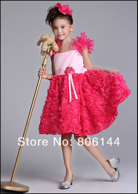 Top Grade Kids Girl Luxury Ruffles Shoulder & Stereo Rose Formal Dress Children Girl Party/Pageant/Costume Princess Dress JF604