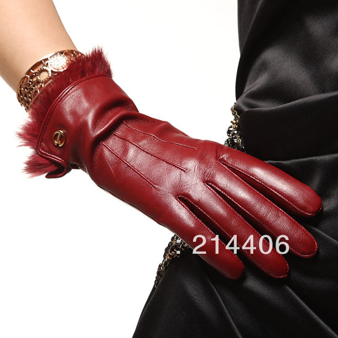 Top grade lady's winter fashion sheepskin leather dress gloves cashmere linning with fur trim red purple black brown