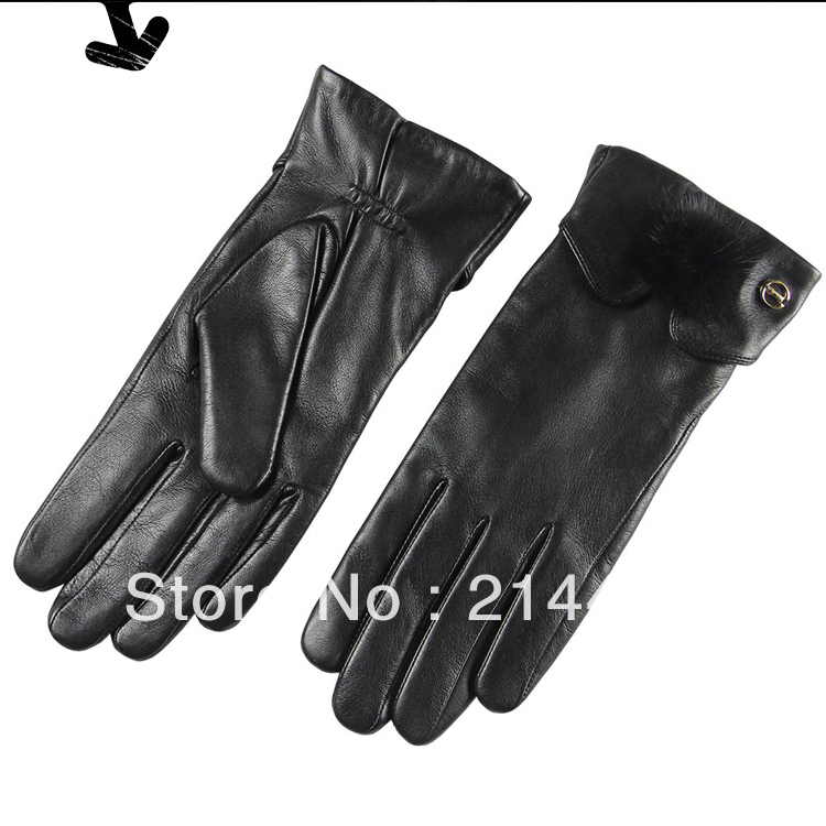 Top grade lady's winter fashion sheepskin leather dress gloves nylon linning with luxury Mink hair fur bulb  black