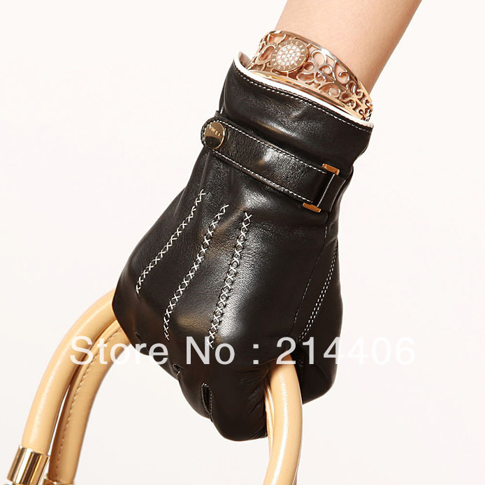 Top grade lady's winter sheepskin leather three strips dress gloves cashmere linning manual embroidery with botton