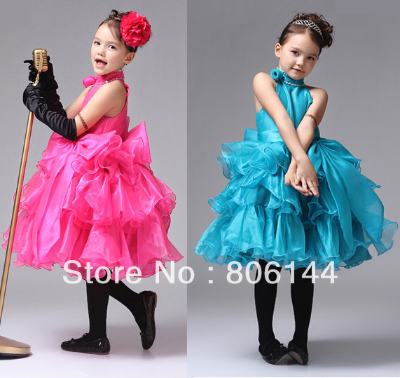 Top Grade Luxury Halter Ruffles Sleeveless Flower Girl Formal Dress Children Girl Party/Pageant/Costume Princess Dress JF001