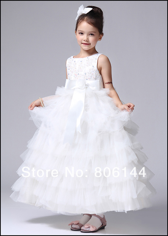 Top Grade Luxury Pearl White Kids Ruffles Tower Flower Girl Formal Dress Sleeveless Children Girl Party/Pageant Dress JF091
