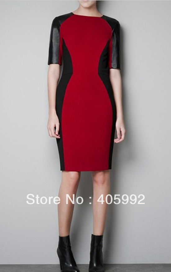 Top grade new arrival OL elegant dress in 4 sizes, plus size, high quality of cotton blends&faux leather patchwork,,sexy,fashion