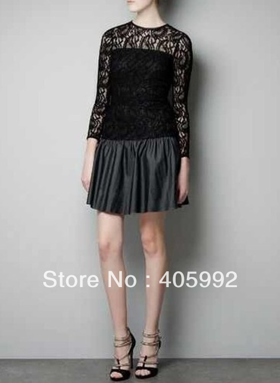 Top grade new arrival sexy lace&faux leather patchwork design dress in 3 sizesunique design, fashion,breathable(offer drop ship)